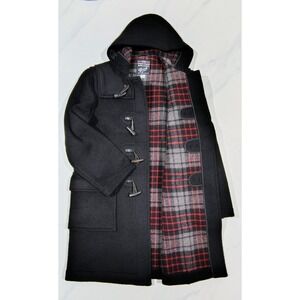 Vintage Gloverall Original English Duffle Coat Black Wool Hooded Toggle Size 36